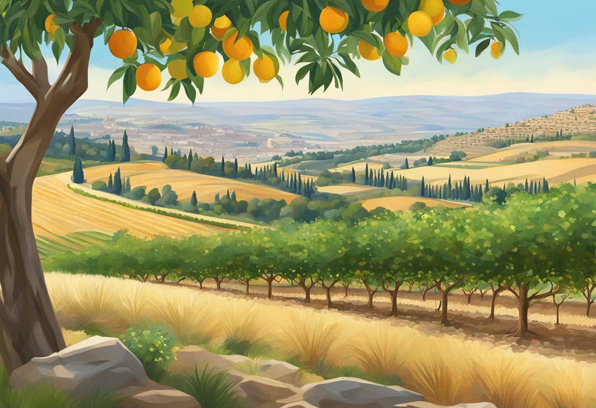 Lush orchards with ripe fruit, rolling hills, and a clear blue sky near Jerusalem