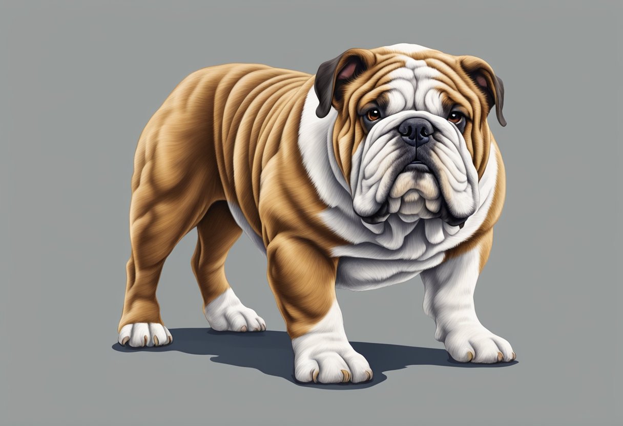 An English Bulldog stands proudly, chest puffed out, with a determined expression on its wrinkled face, tail held high and ears alert