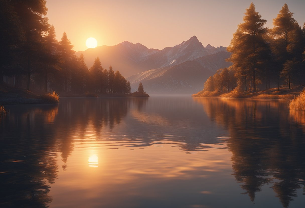 A glowing orange sun sets behind a tranquil lake, symbolizing spiritual energy, creativity, and transformation