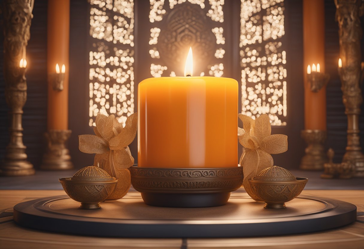 An orange candle burning on a serene altar, surrounded by sacred symbols and incense, representing spiritual enlightenment and transformation