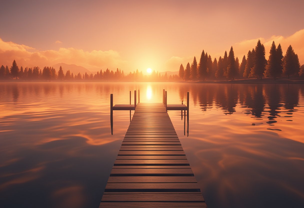 A serene sunset over a tranquil lake, with vibrant orange hues reflecting off the water, evoking feelings of warmth, creativity, and spiritual energy