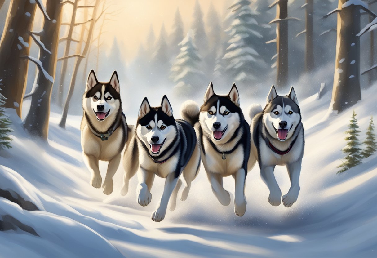 Siberian Huskies running through snowy forest, tails wagging, tongues lolling, and ears perked