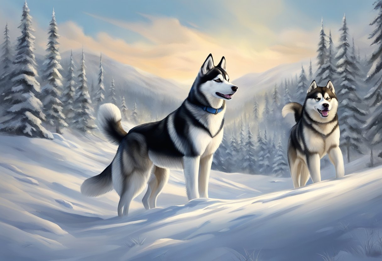 Siberian Huskies in a snowy landscape, interacting with each other and exhibiting playful behavior