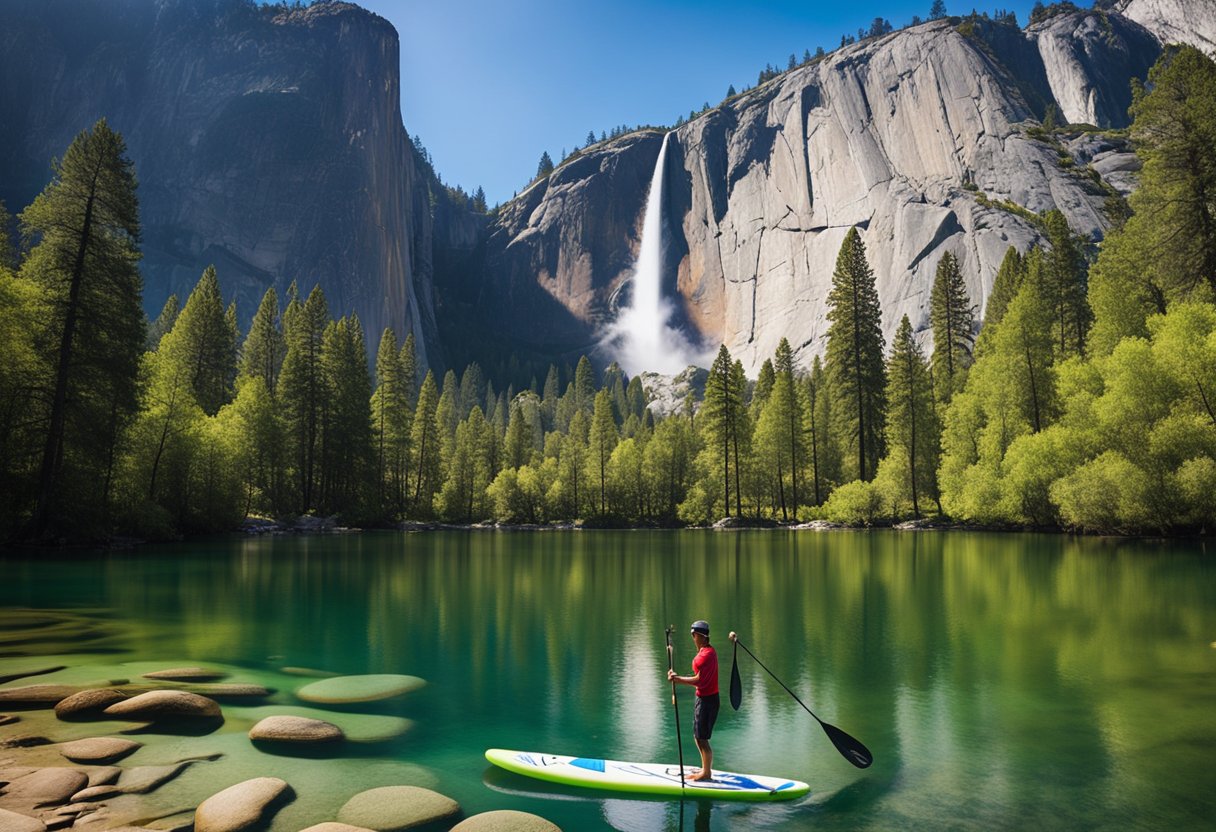 A stand-up paddleboard glides across the crystal-clear waters of Yosemite National Park, with towering granite cliffs and lush green forests in the background