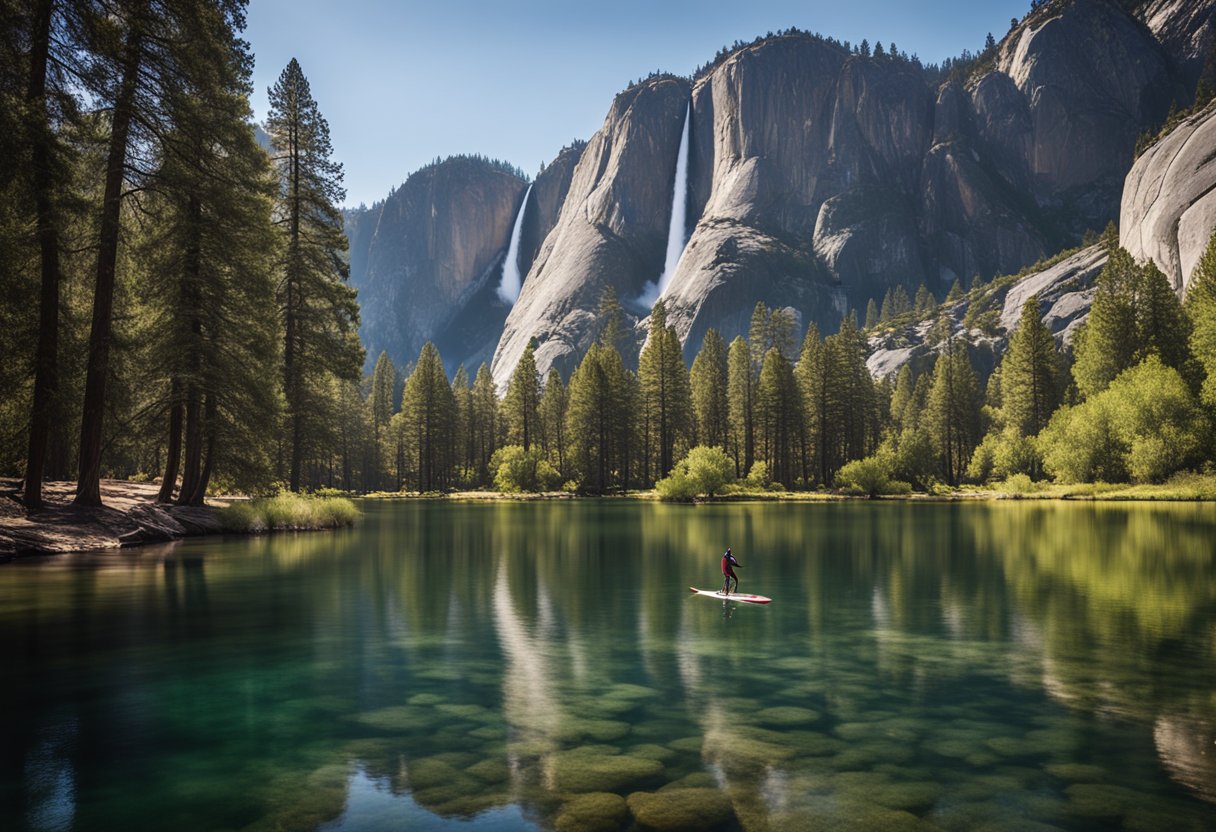 A serene lake in Yosemite National Park, California, with a paddleboard gliding across the water, surrounded by towering granite cliffs and lush greenery