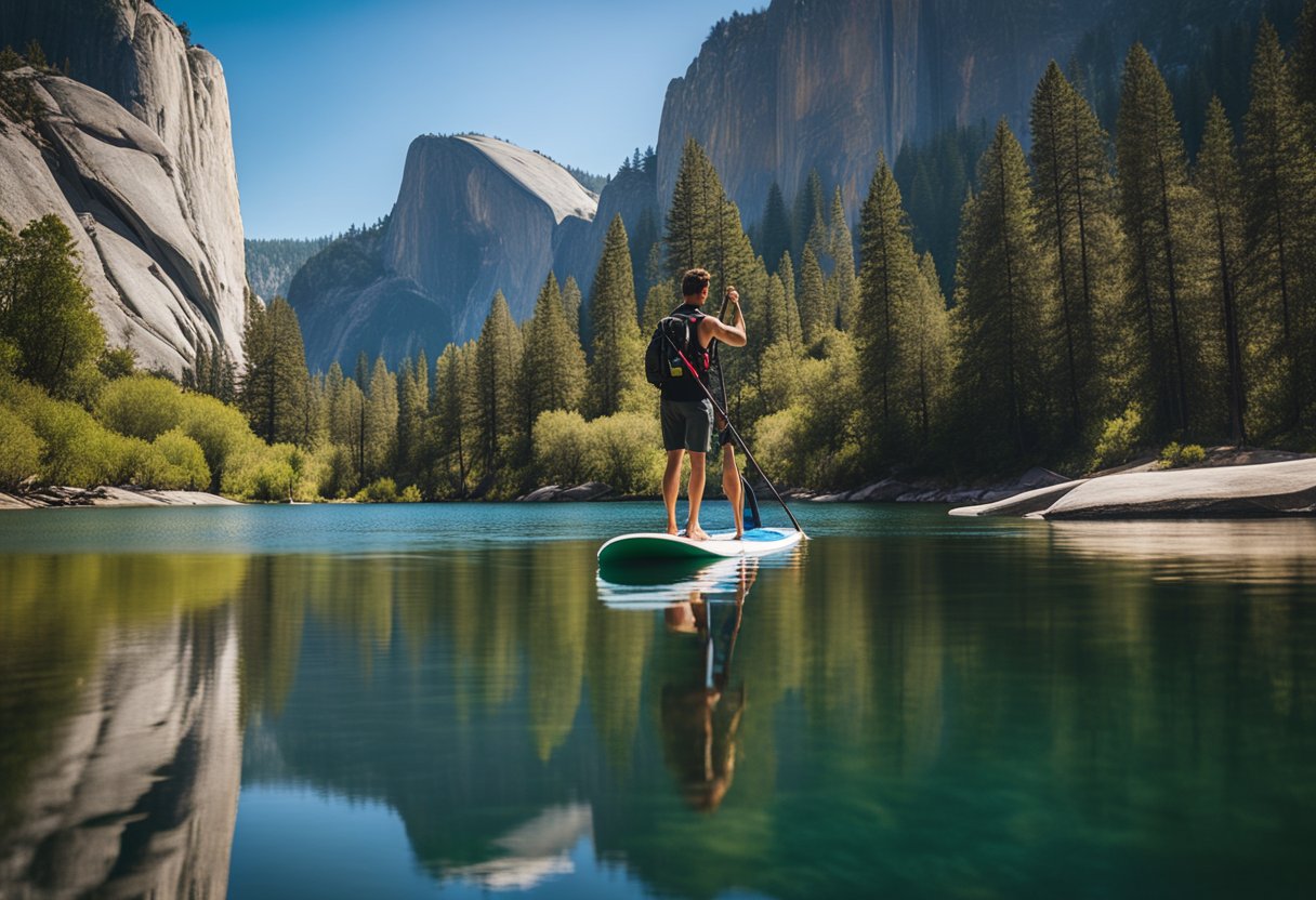 Paddle board gliding on calm lake, surrounded by towering granite cliffs and lush greenery in Yosemite National Park, California