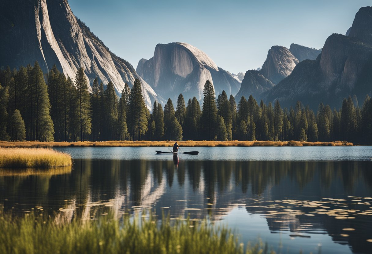 A serene lake surrounded by towering mountains in Yosemite National Park, California, with a lone paddle boarder gliding across the glassy water