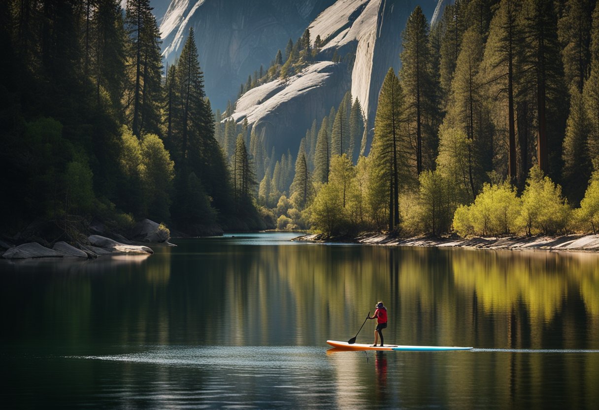 A person paddles a SUP board on calm waters surrounded by the majestic cliffs and lush forests of Yosemite National Park, California. Safety and regulations signs are visible along the shore