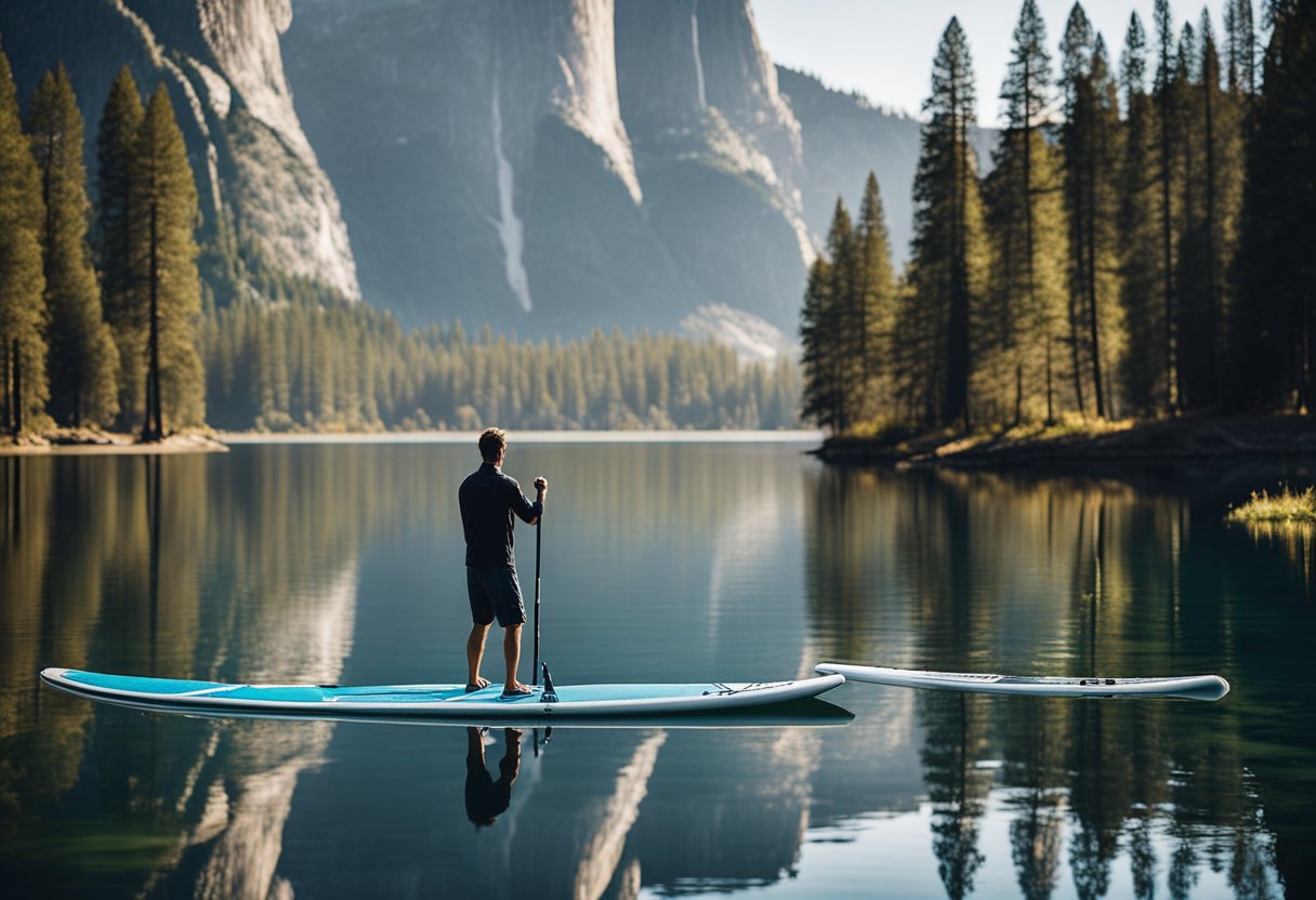 A serene lake surrounded by towering pine trees and majestic mountains in Yosemite National Park, California. A person stand-up paddle boarding on the calm water, with the reflection of the natural beauty in the background