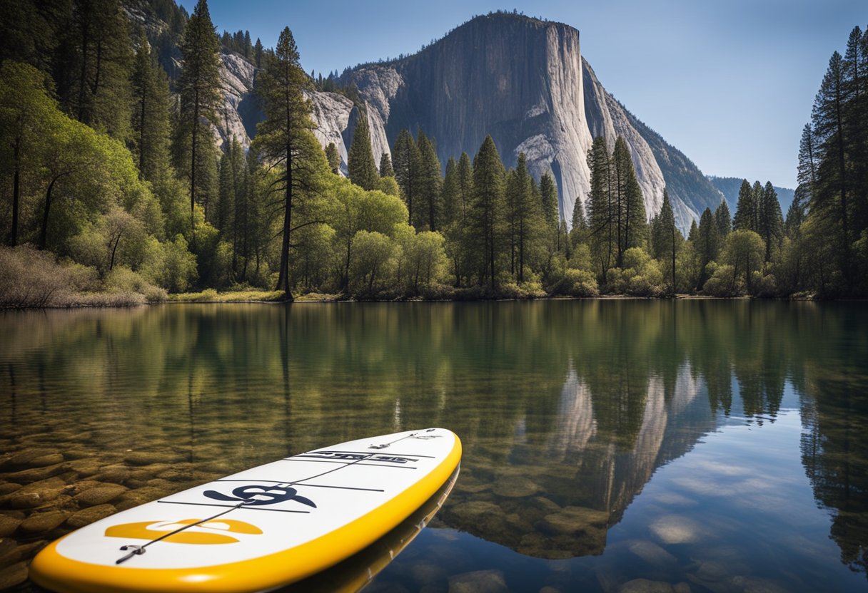 A SUP board rests on the calm waters of Yosemite National Park, with towering cliffs and lush greenery in the background. Amenities and accessibility signs are visible nearby