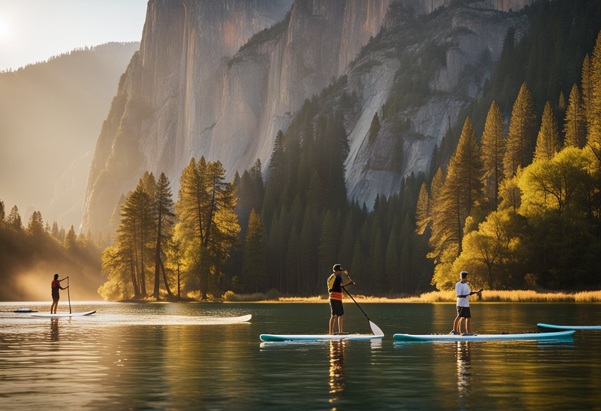 People paddleboard on a calm lake surrounded by towering cliffs and lush greenery in Yosemite National Park, California. The sun sets behind the mountains, casting a warm glow on the serene scene