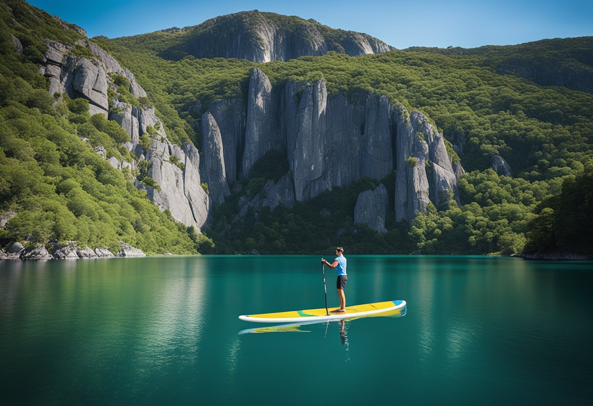 A paddleboard floats on calm water with towering granite cliffs in the background, framed by lush greenery and a clear blue sky