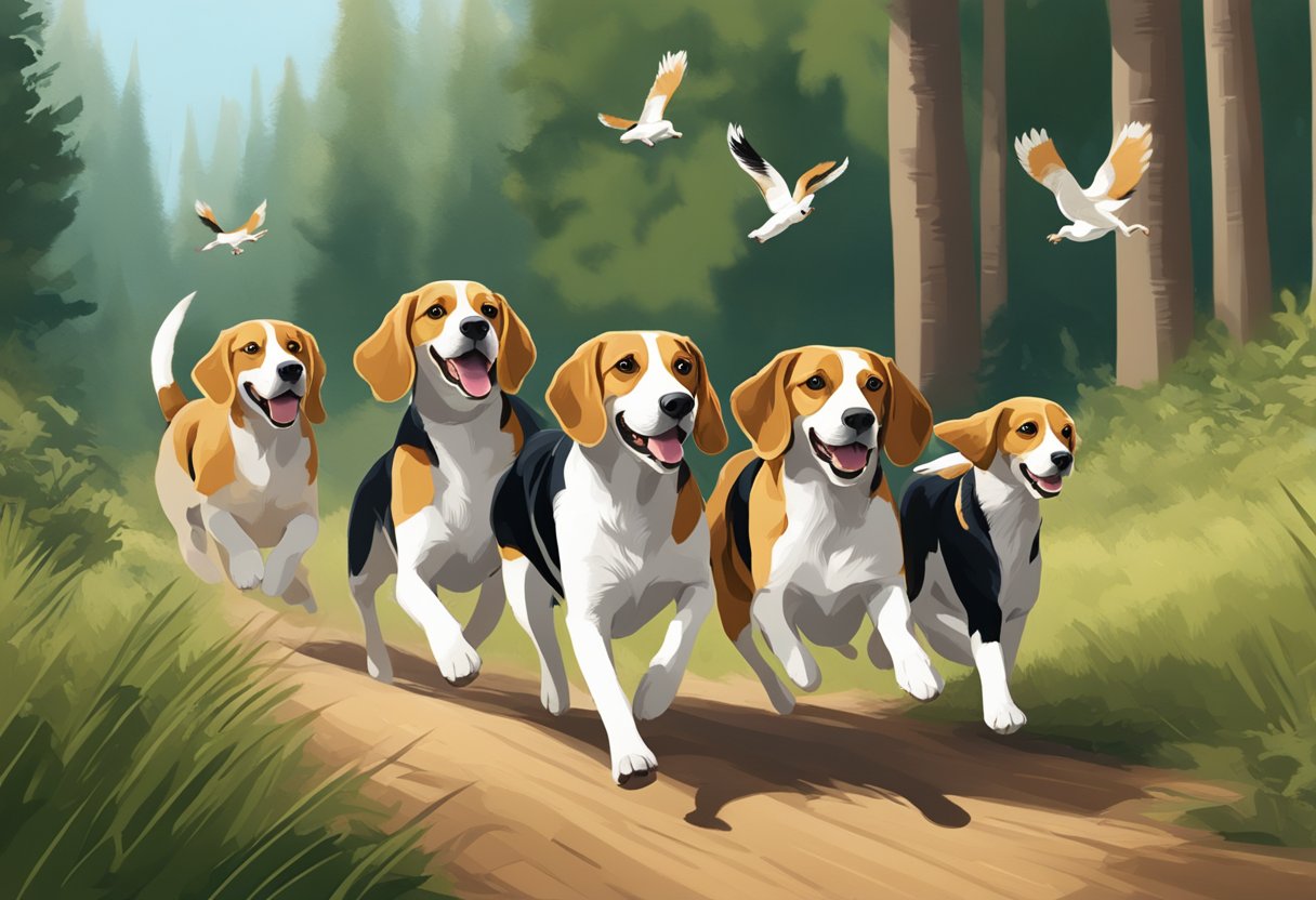 A pack of Beagles chasing a scent through a lush forest, tails wagging and ears flopping in the wind