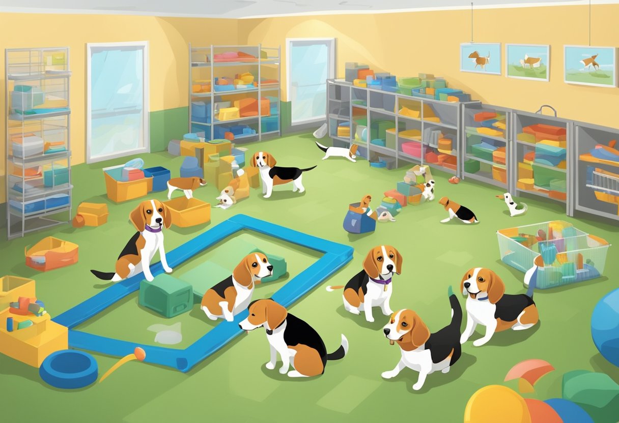 A group of Beagles receiving care and training in a spacious, well-lit area with toys and equipment for behavioral development