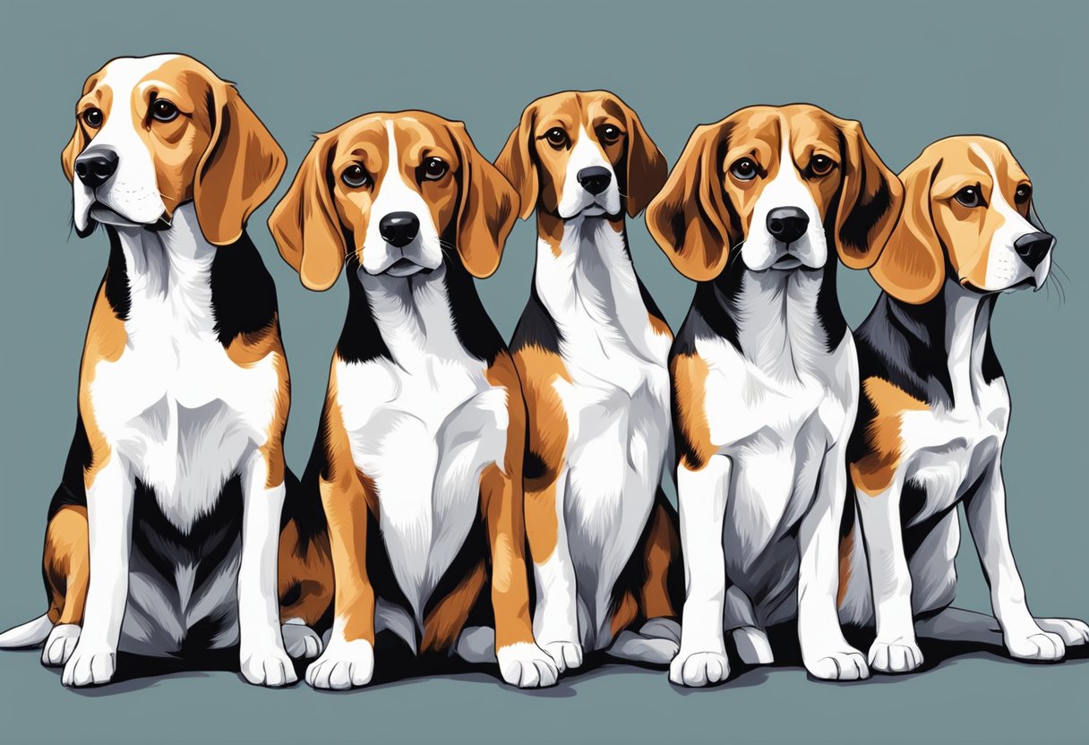 A group of Beagles sitting in a row, with one standing and looking curiously at the viewer