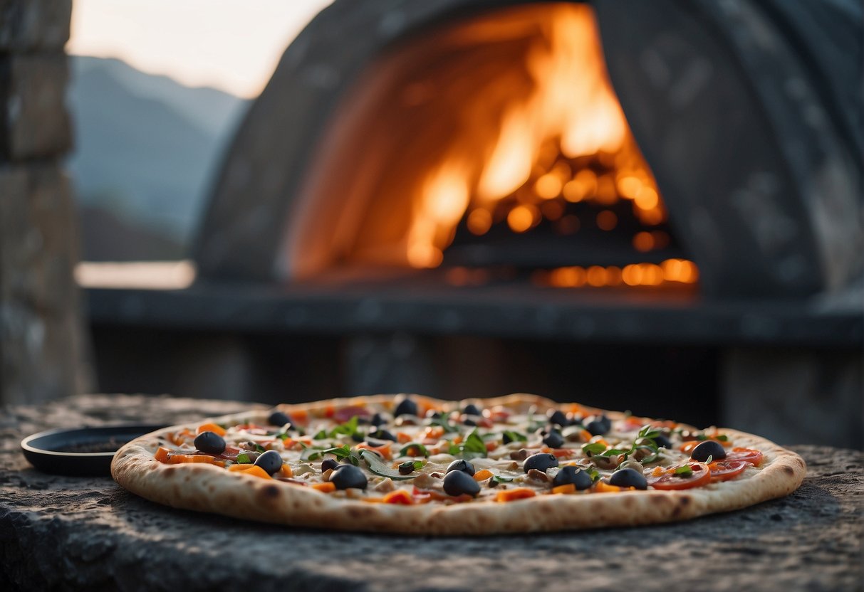 Ancient flatbread on a stone oven, with toppings resembling pizza, amidst volcanic ash and debris