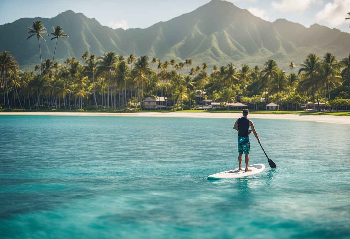 A paddleboard glides on clear blue waters near the shores of Oahu, Hawaii, with palm trees and distant mountains in the background
