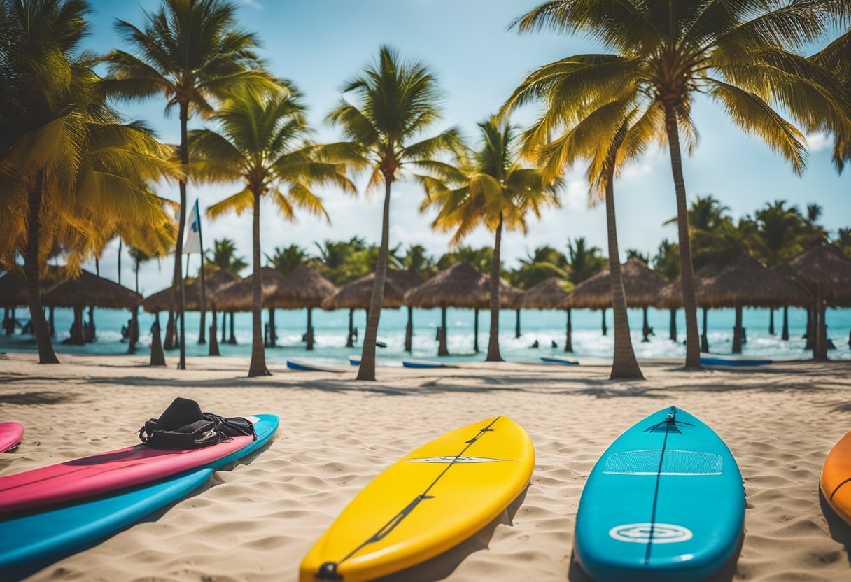 A serene beach with crystal-clear water, palm trees swaying in the breeze, and colorful stand-up paddleboards lined up for rentals and lessons