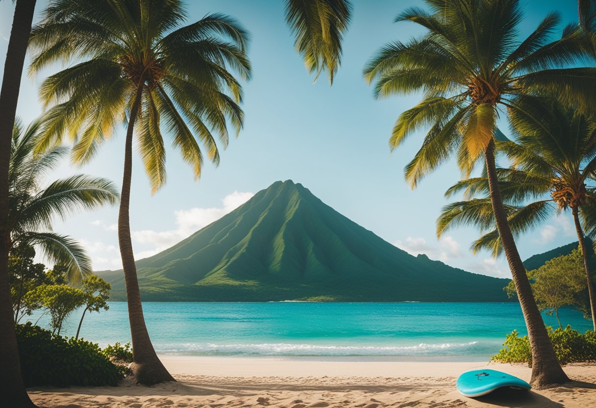 A calm, turquoise ocean stretches out to meet a pristine sandy beach. A stand-up paddleboard lies ready for adventure, surrounded by lush green palm trees and the iconic volcanic landscape of Oahu, Hawaii