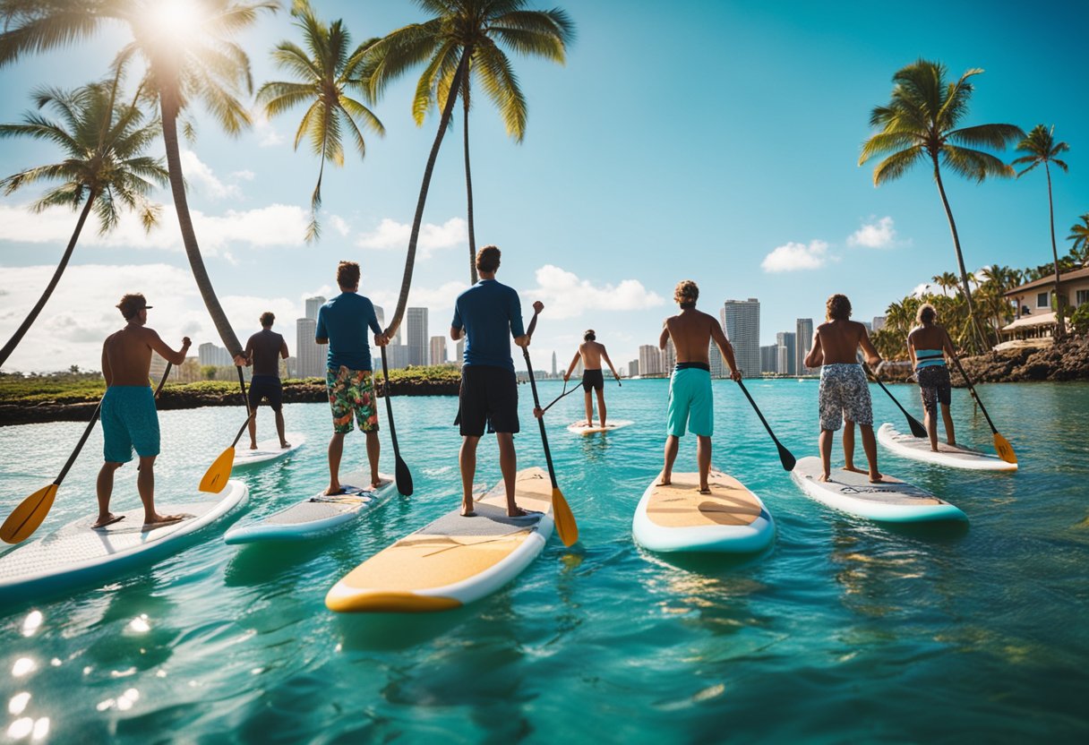 A group of people paddleboarding on the clear blue waters of Oahu, Hawaii, with palm trees and a vibrant community event in the background