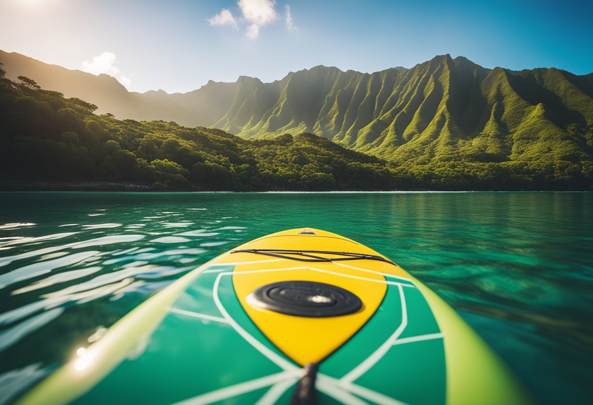 A colorful SUP board floating in the clear waters off the coast of Oahu, Hawaii, with a picturesque view of the island's lush green mountains in the background