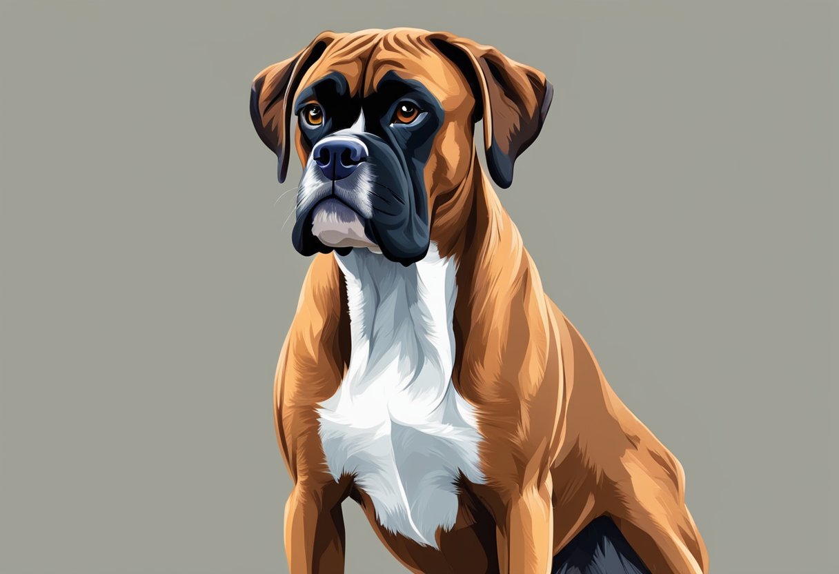 A Boxer dog stands tall, ears alert, and tail wagging. Its muscles are taut, and its gaze is focused. The Boxer exudes confidence and strength