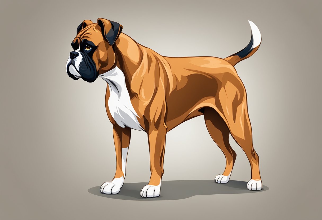 A muscular boxer dog stands alert, with a strong and athletic build. Its expression is confident and attentive, with a wagging tail and a playful demeanor