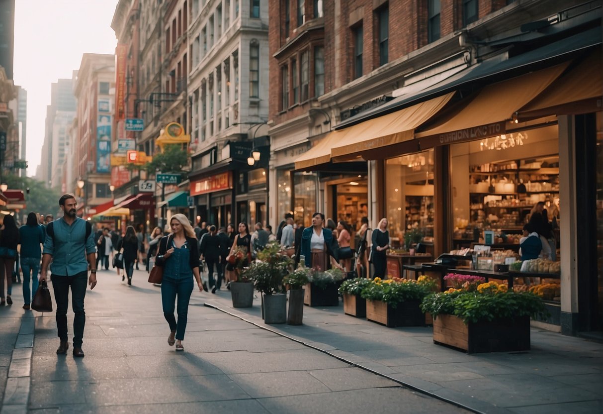 A bustling city street with tall buildings and colorful storefronts, filled with people and traffic. The scene is vibrant and dynamic, with a mix of modern and traditional architecture