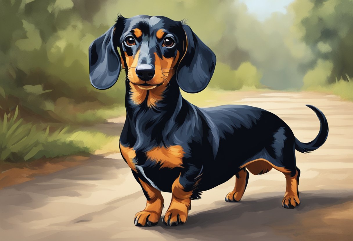 A dachshund confidently struts along a path, tail held high, ears alert. Its long body and short legs give it a determined and proud appearance