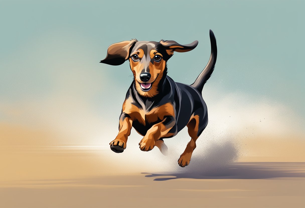 A dachshund with long body, short legs, and floppy ears, running energetically with a playful and curious expression