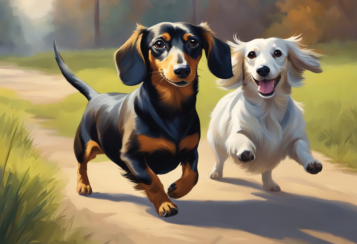 A Dachshund confidently struts with a wagging tail, while another playfully chases a ball, showcasing their lively and spirited nature