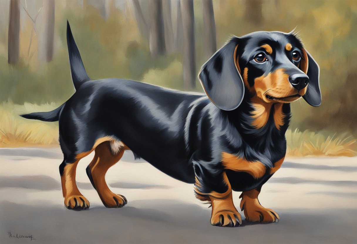 A dachshund stands alert, ears perked, and tail wagging, surrounded by curious onlookers. Its body language exudes confidence and curiosity as it engages with its surroundings