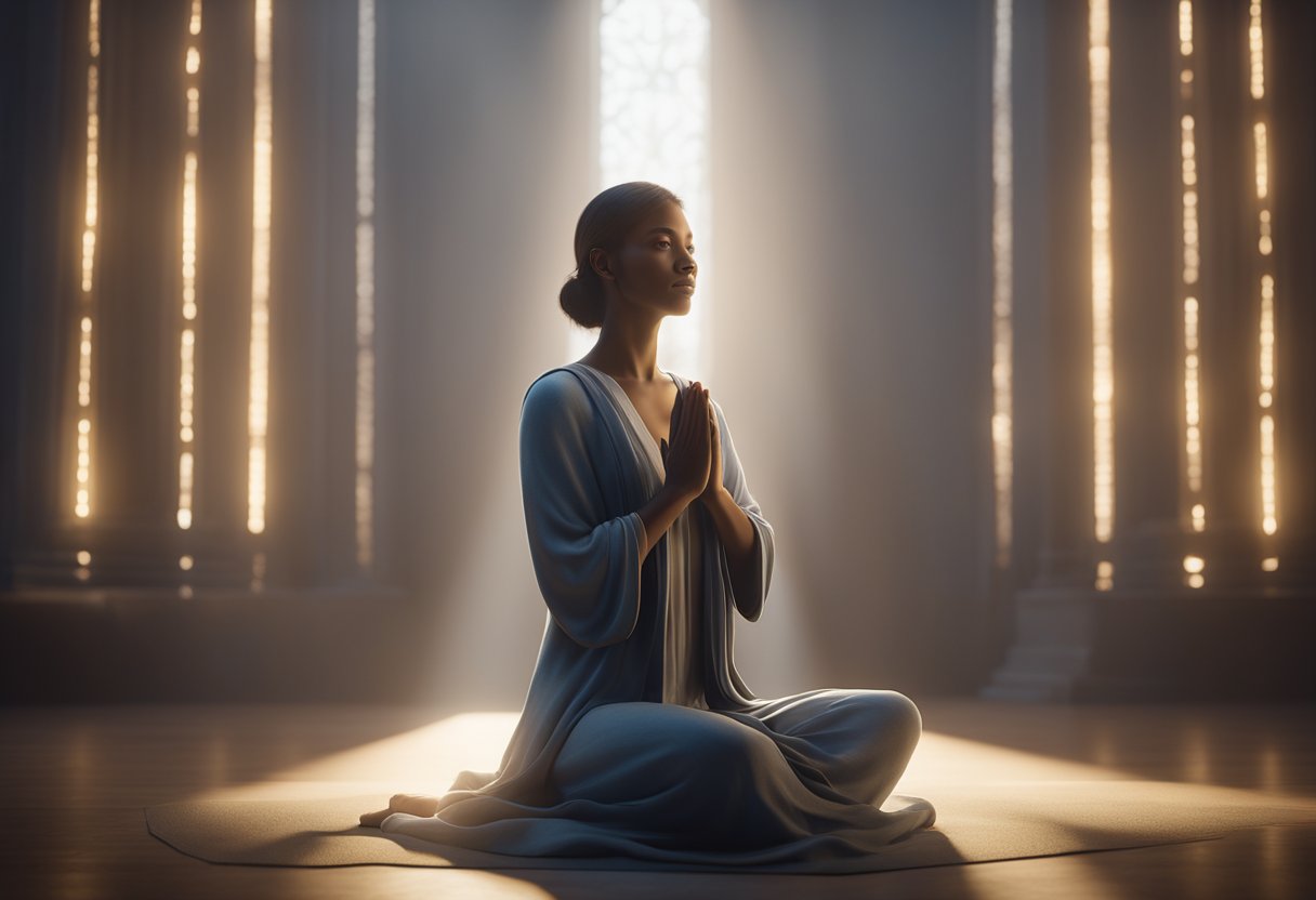 A serene figure surrounded by glowing light, with hands pressed together in a gesture of reverence and peace