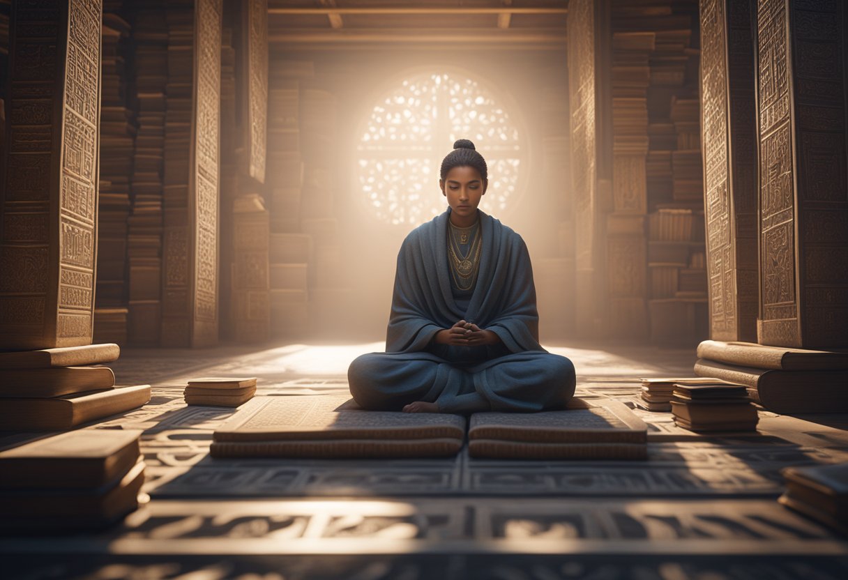 A serene figure sits cross-legged, surrounded by ancient texts and symbols. A soft glow emanates from the center, evoking a sense of peace and reverence