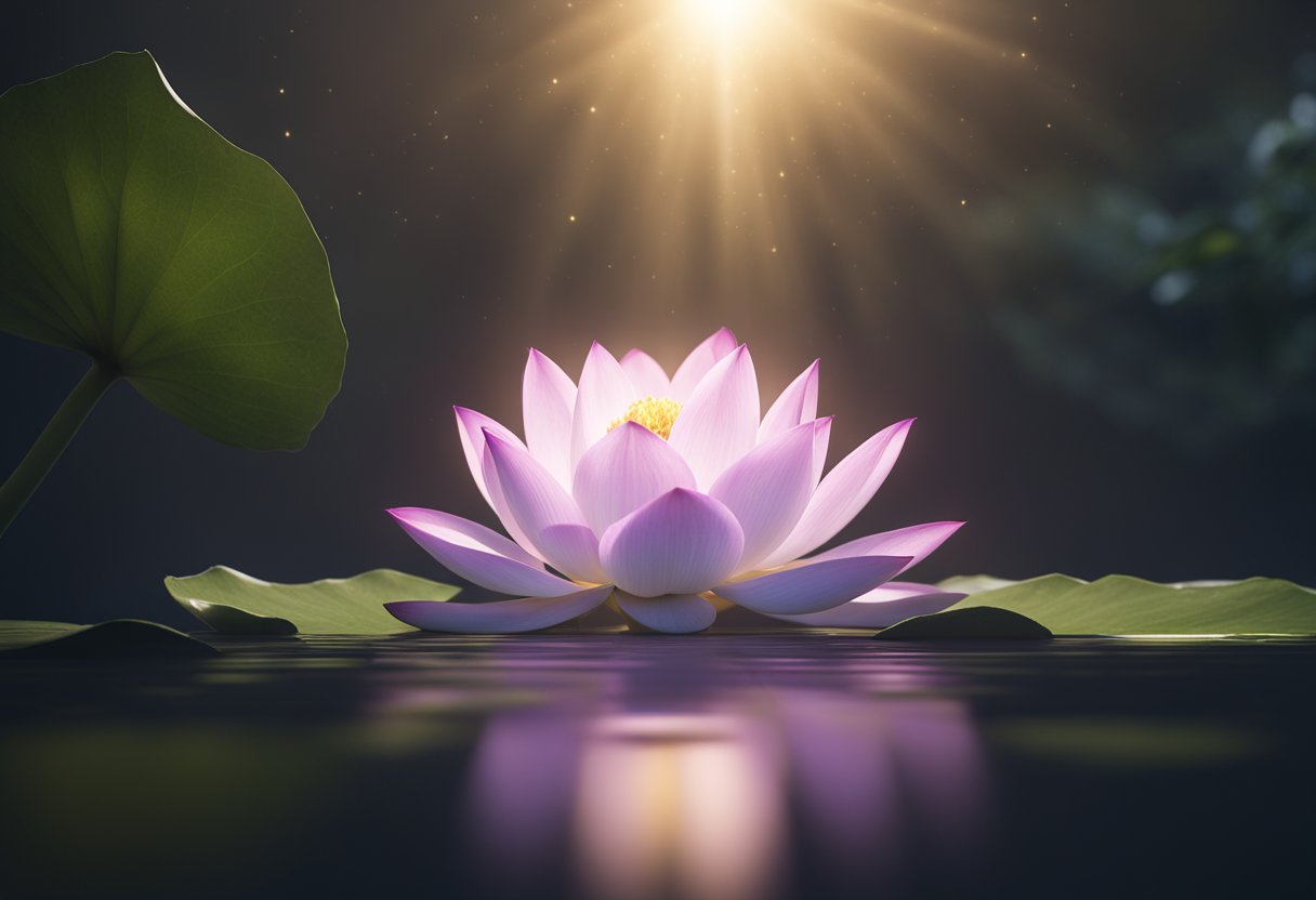 A beam of light shining down onto a lotus flower, with a glowing aura surrounding it, symbolizing the spiritual meaning of namaste