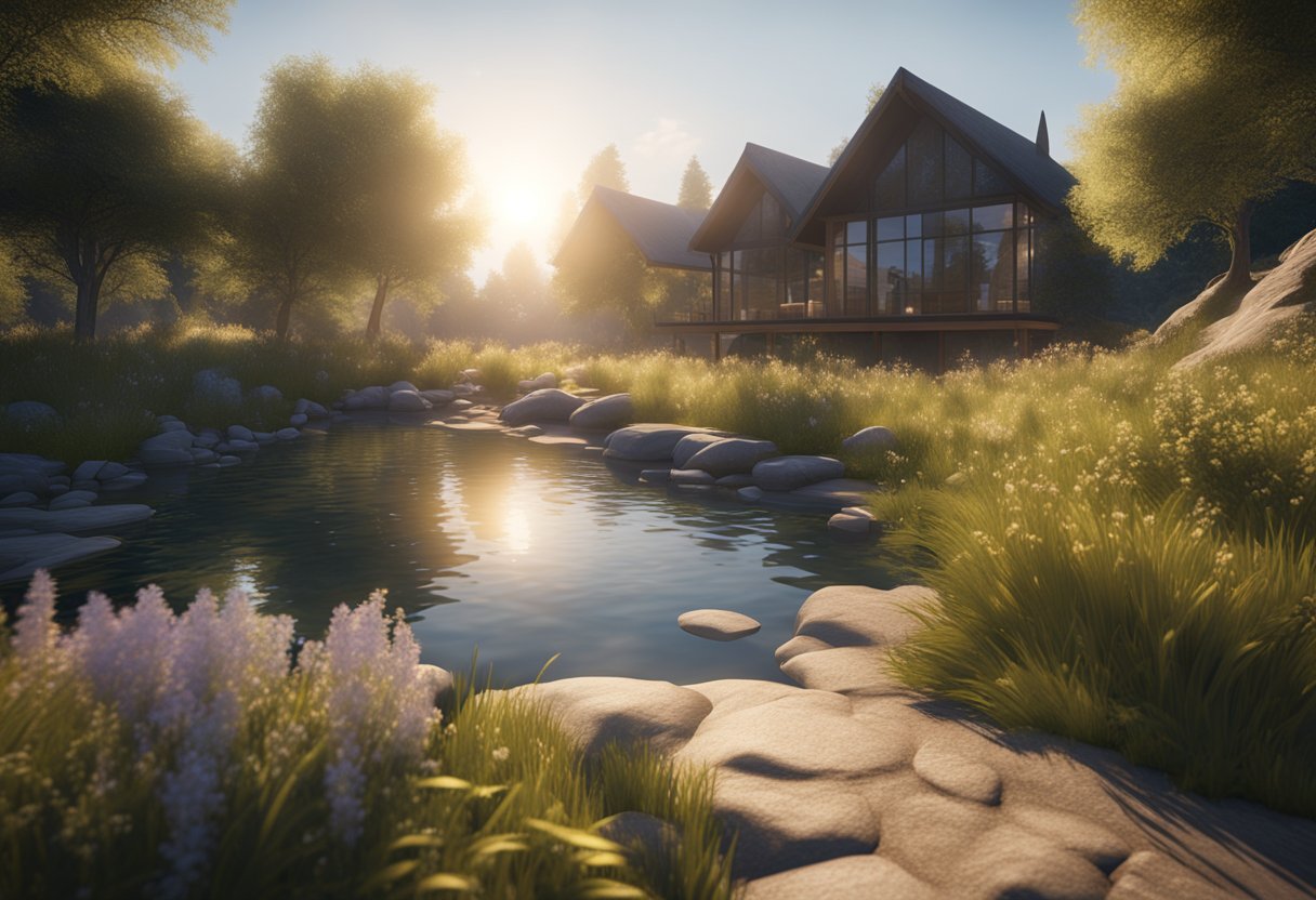 A tranquil setting with a glowing sun, serene nature, and a sense of unity and respect