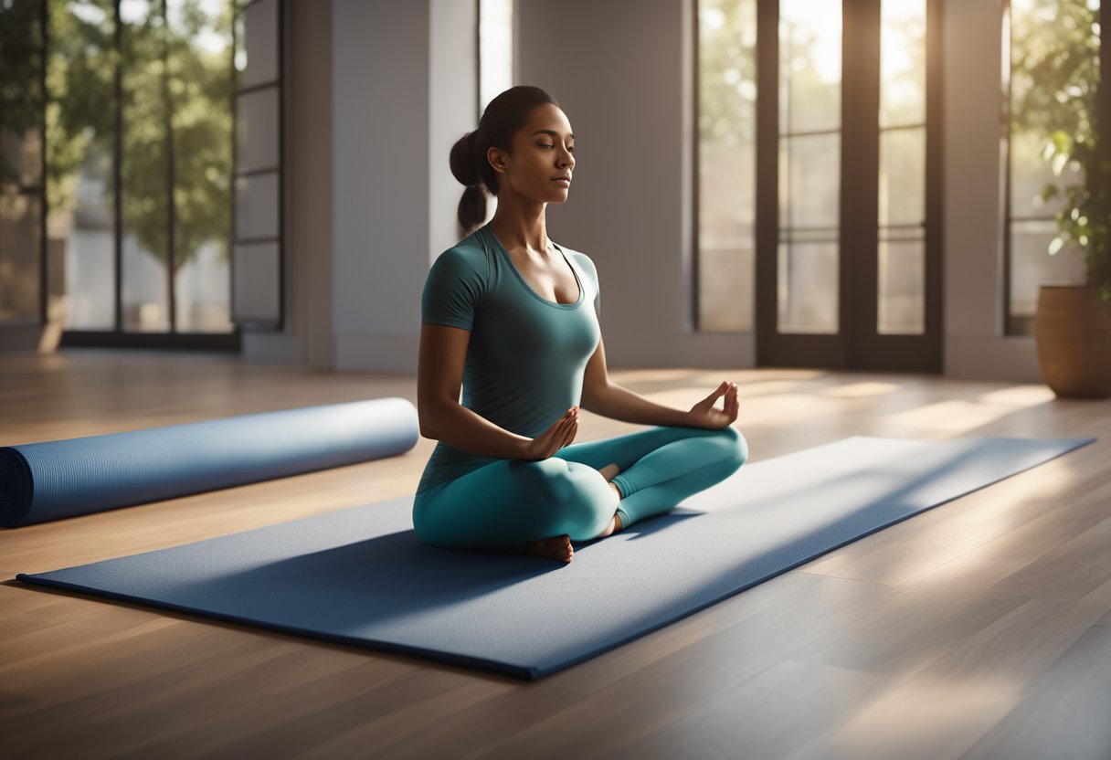 A serene yoga mat with folded hands in a prayer position, symbolizing respect and unity in the practice of Namaste