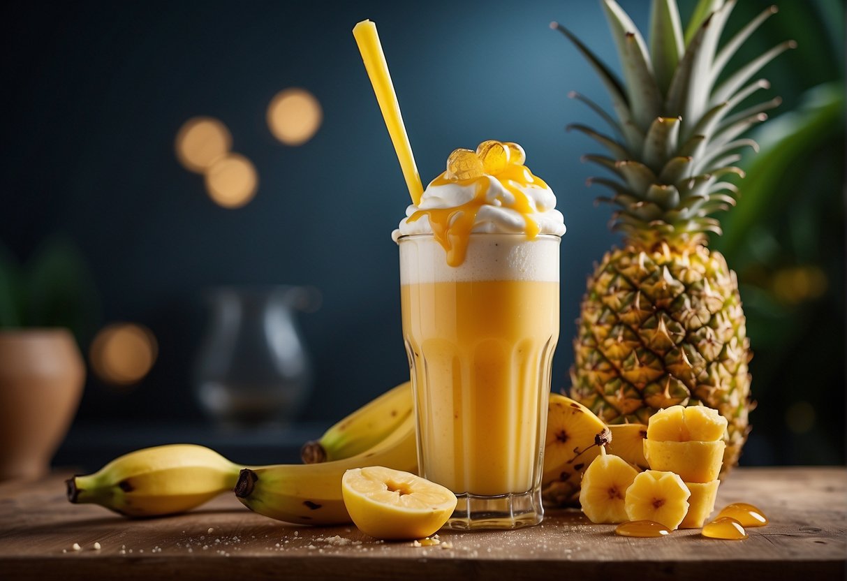 A ripe banana, a scoop of vanilla ice cream, a splash of pineapple juice, and a dollop of honey blend together in a blender