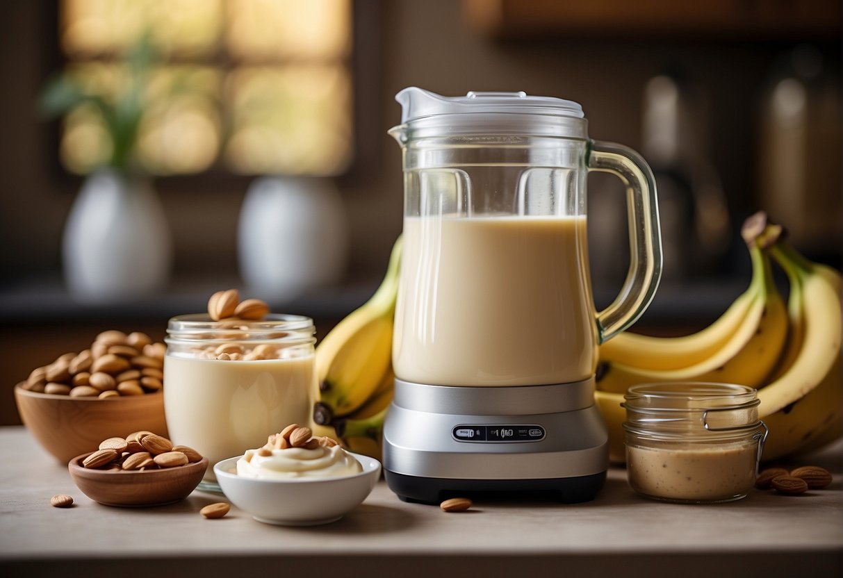 A blender filled with ripe bananas, vanilla yogurt, honey, and ice. A jar of peanut butter and a carton of almond milk sit nearby