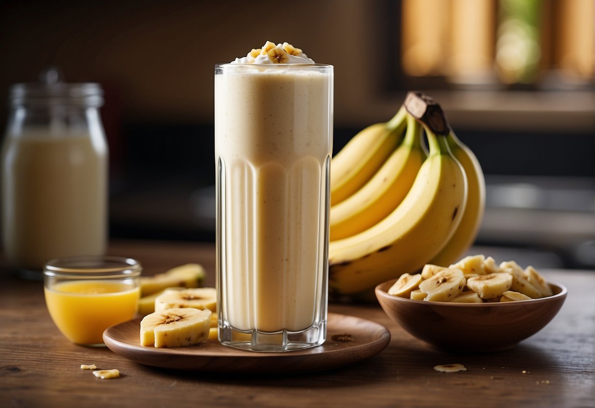 A blender filled with ripe bananas, yogurt, honey, and ice. A recipe card with "Smoothie King Banana Boat" written in bold letters