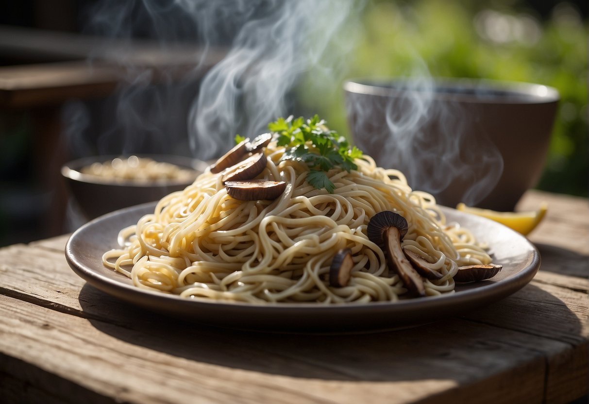 A steaming plate of shiitake garlic noodles sits on a rustic wooden table in a cozy yard house setting