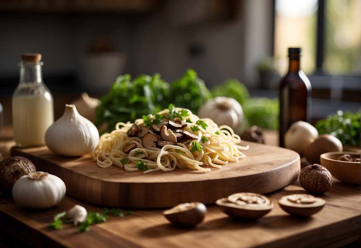 A wooden cutting board with shiitake mushrooms, garlic, and noodles, surrounded by bottles of essential ingredients in a well-lit kitchen