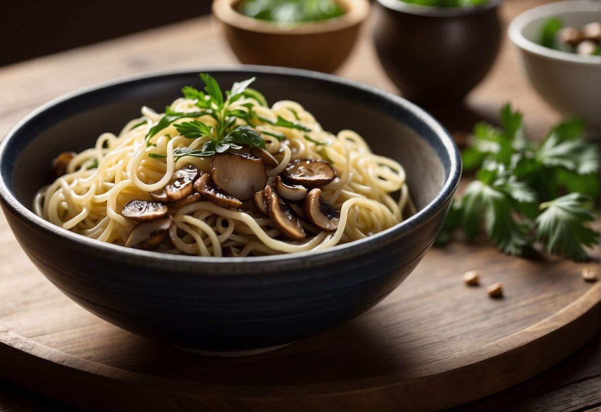 A steaming plate of shiitake garlic noodles sits on a wooden table, surrounded by chopsticks and a bowl of fresh herbs. A sign reading "Frequently Asked Questions yard house shiitake garlic noodles copycat recipe" hangs on