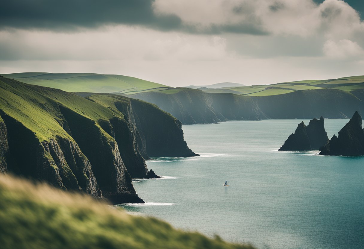 A calm sea with rugged cliffs and green hills in the background, a lone SUP boarder paddling along the Pembrokeshire Coast in Wales, UK