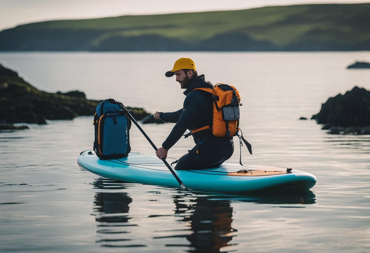 A person sets up safety gear on a SUP board on the rugged Pembrokeshire Coast, Wales, UK