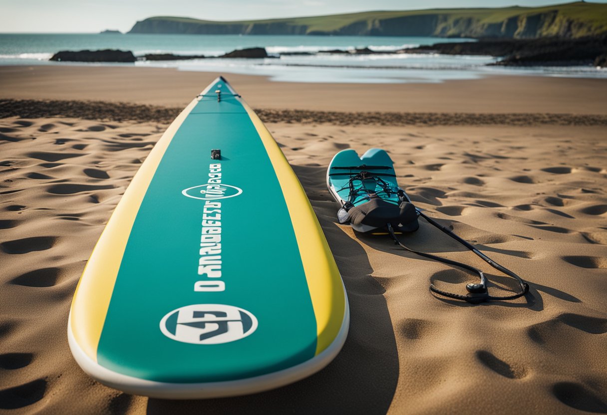 A colorful SUP board rests on a sandy beach, with the stunning Pembrokeshire Coast in the background. The board is surrounded by SUP gear and services, showcasing the beauty of Wales, United Kingdom