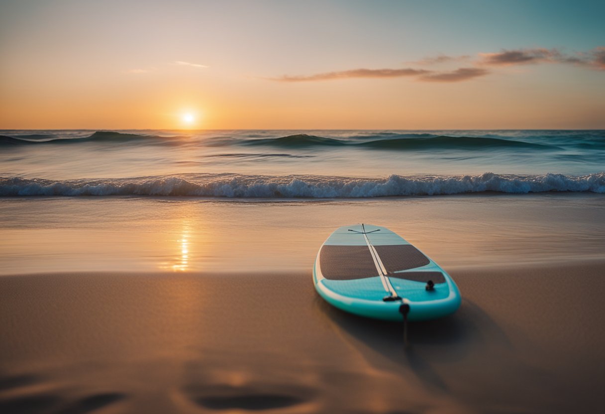 A serene beach with a colorful sunset, calm ocean waves, and a lone SUP board resting on the sandy shore