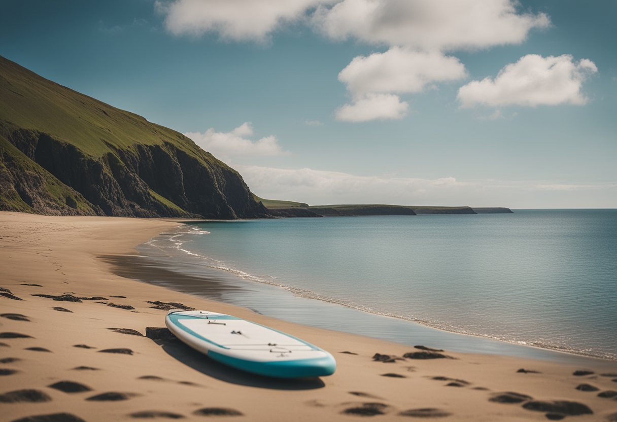A serene coastline with a paddleboard resting on the sandy shore, overlooking the vast expanse of the Pembrokeshire Coast in Wales, UK