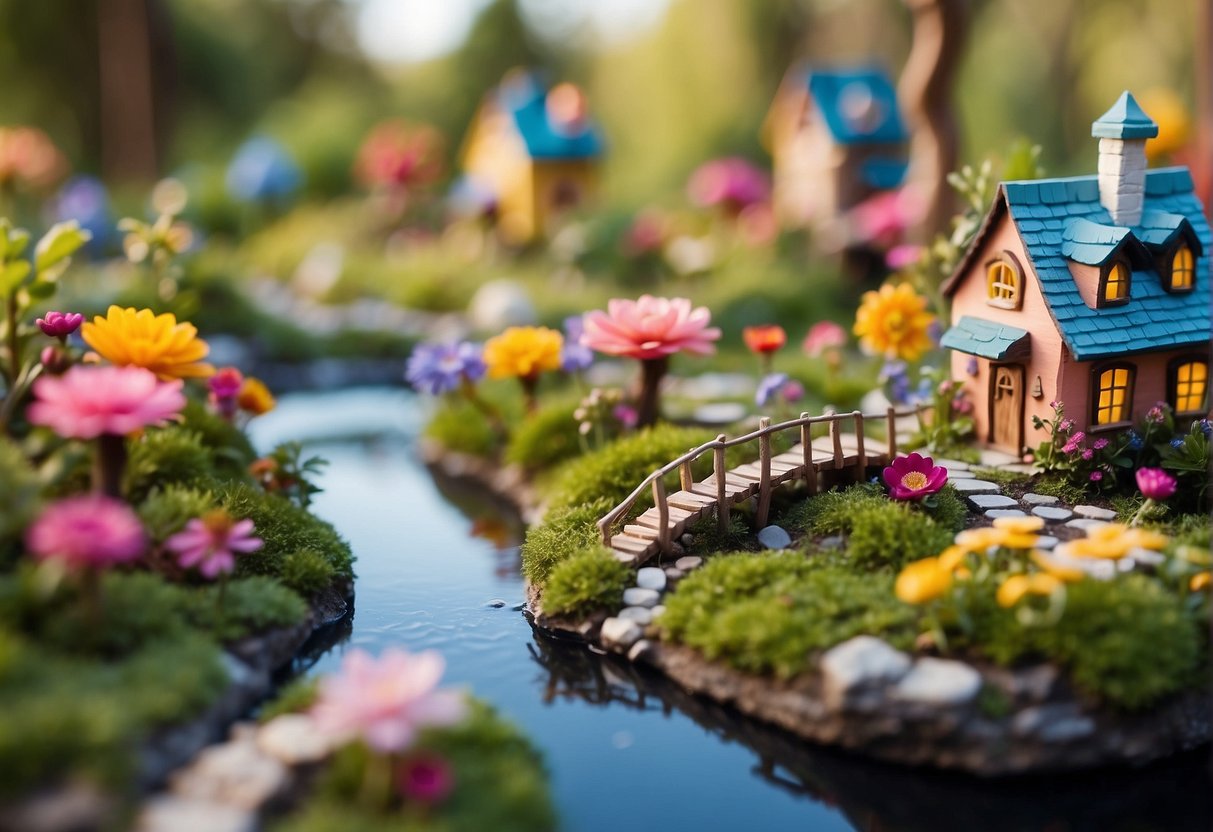 A colorful fairy garden with tiny houses, winding paths, and vibrant flowers. A whimsical tree with a swing and a sparkling pond complete the magical scene