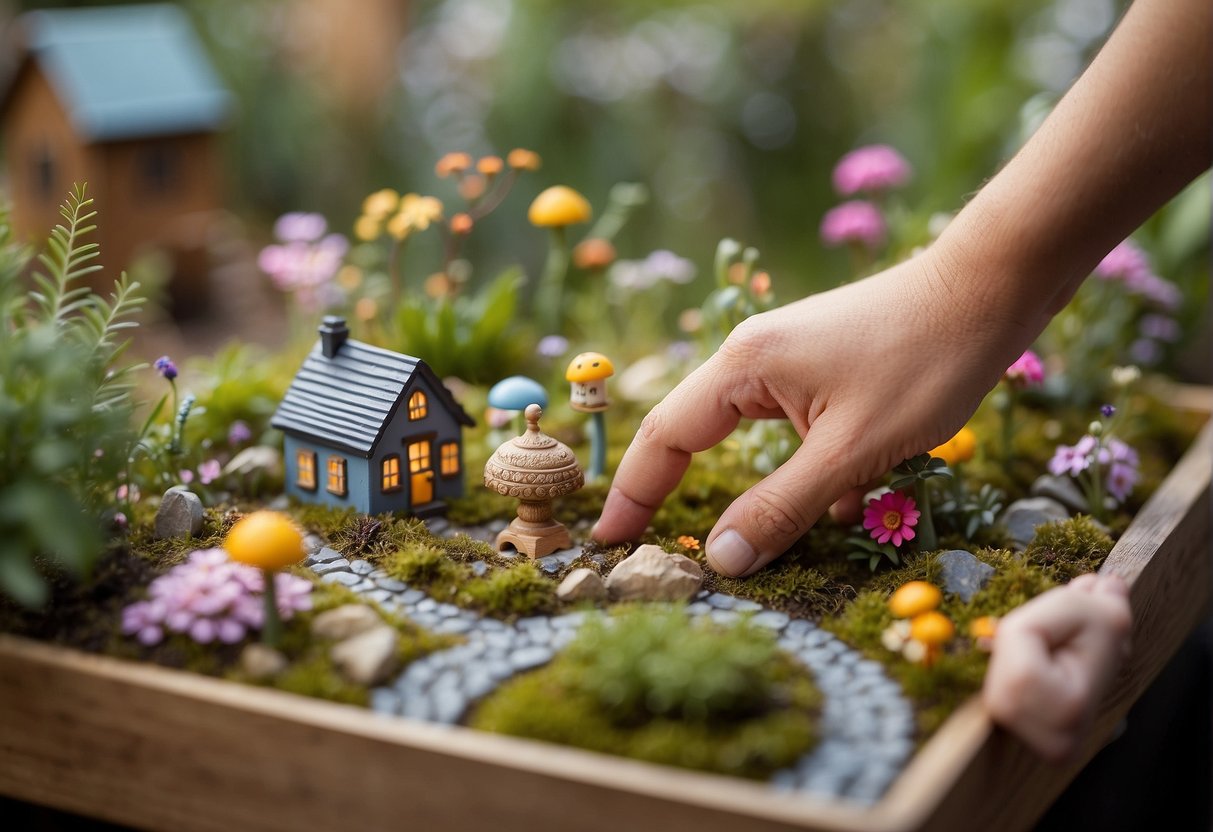 A hand reaches for a whimsical container or space, surrounded by fairy garden elements like tiny houses, colorful flowers, and miniature furniture